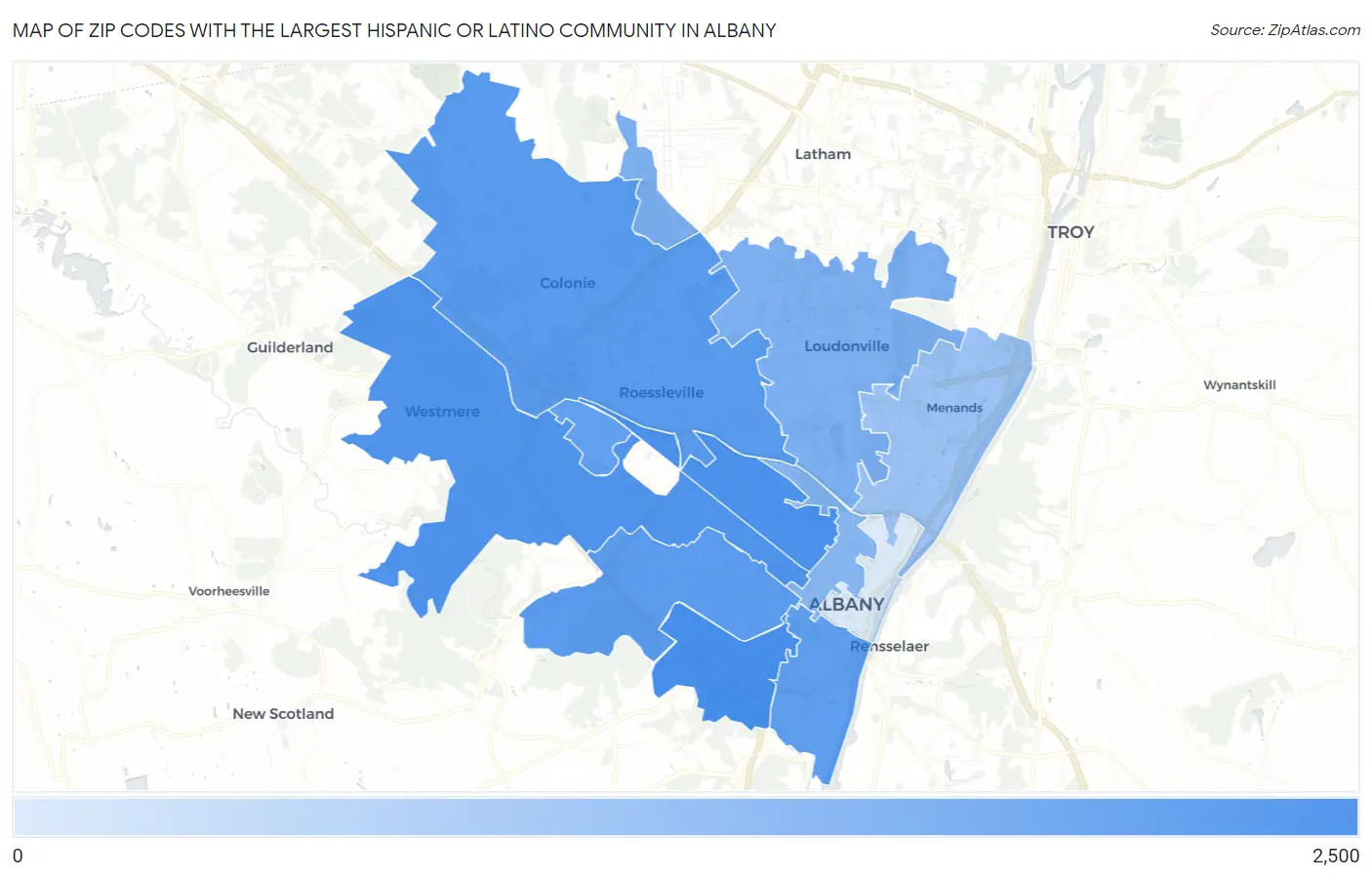 Zip Codes with the Largest Hispanic or Latino Community in Albany Map