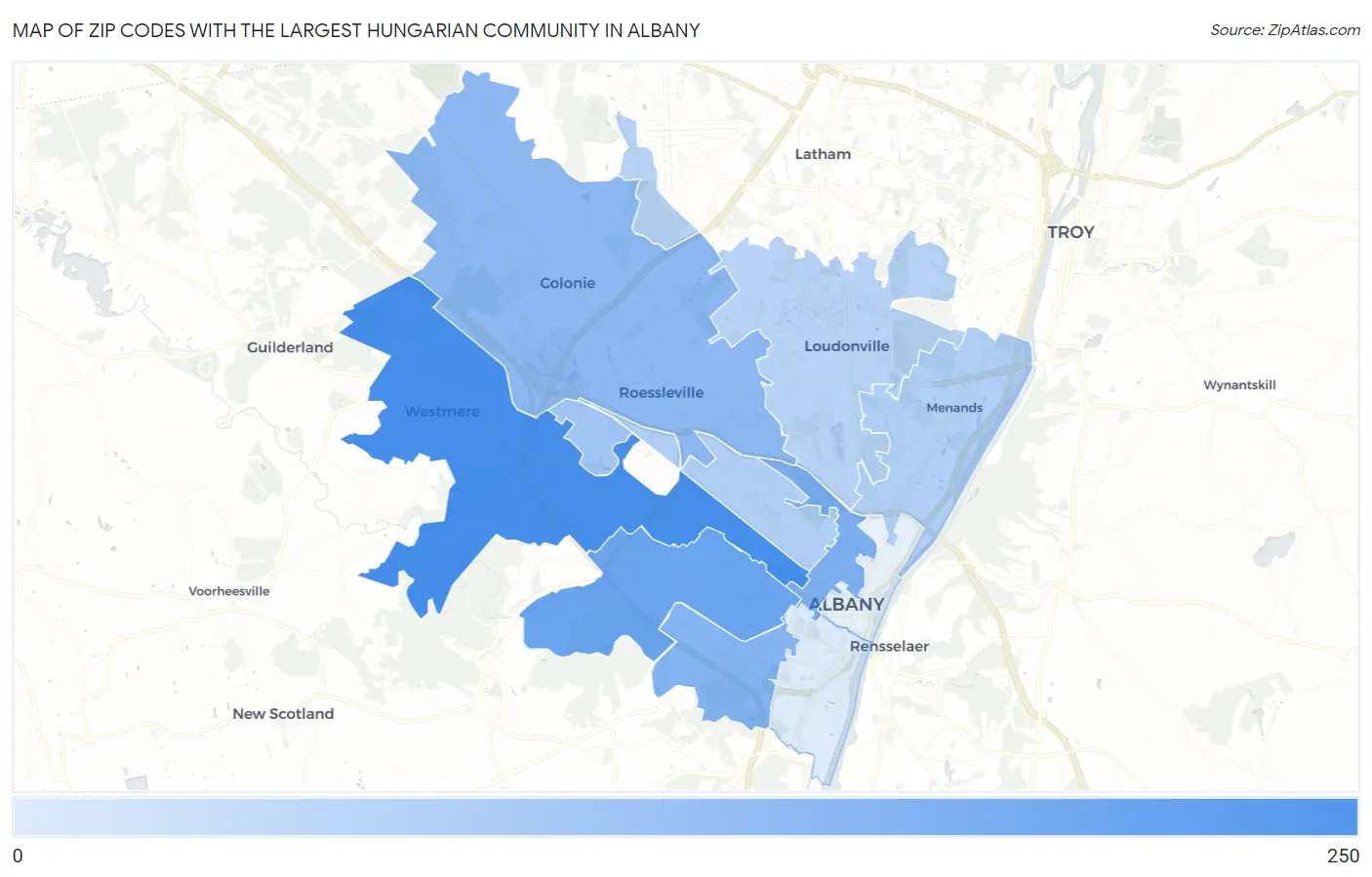 Zip Codes with the Largest Hungarian Community in Albany Map