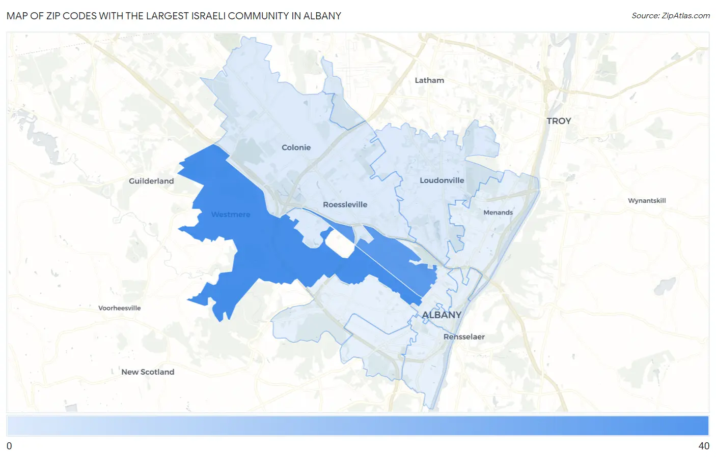 Zip Codes with the Largest Israeli Community in Albany Map