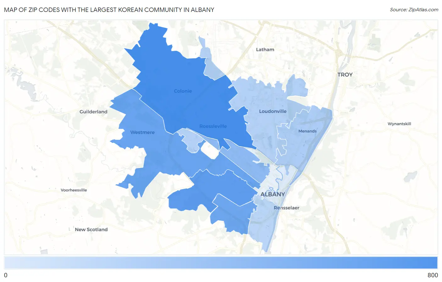 Zip Codes with the Largest Korean Community in Albany Map