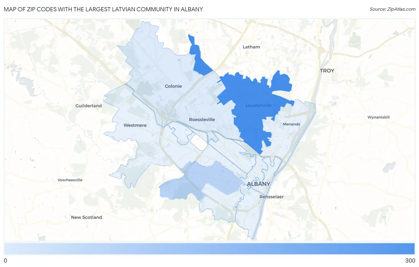 Zip Codes with the Largest Latvian Community in Albany Map