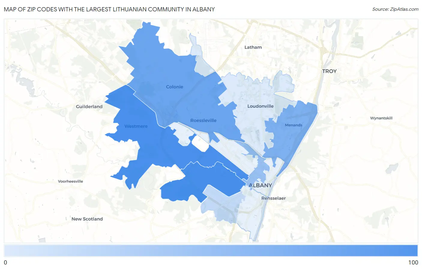Zip Codes with the Largest Lithuanian Community in Albany Map