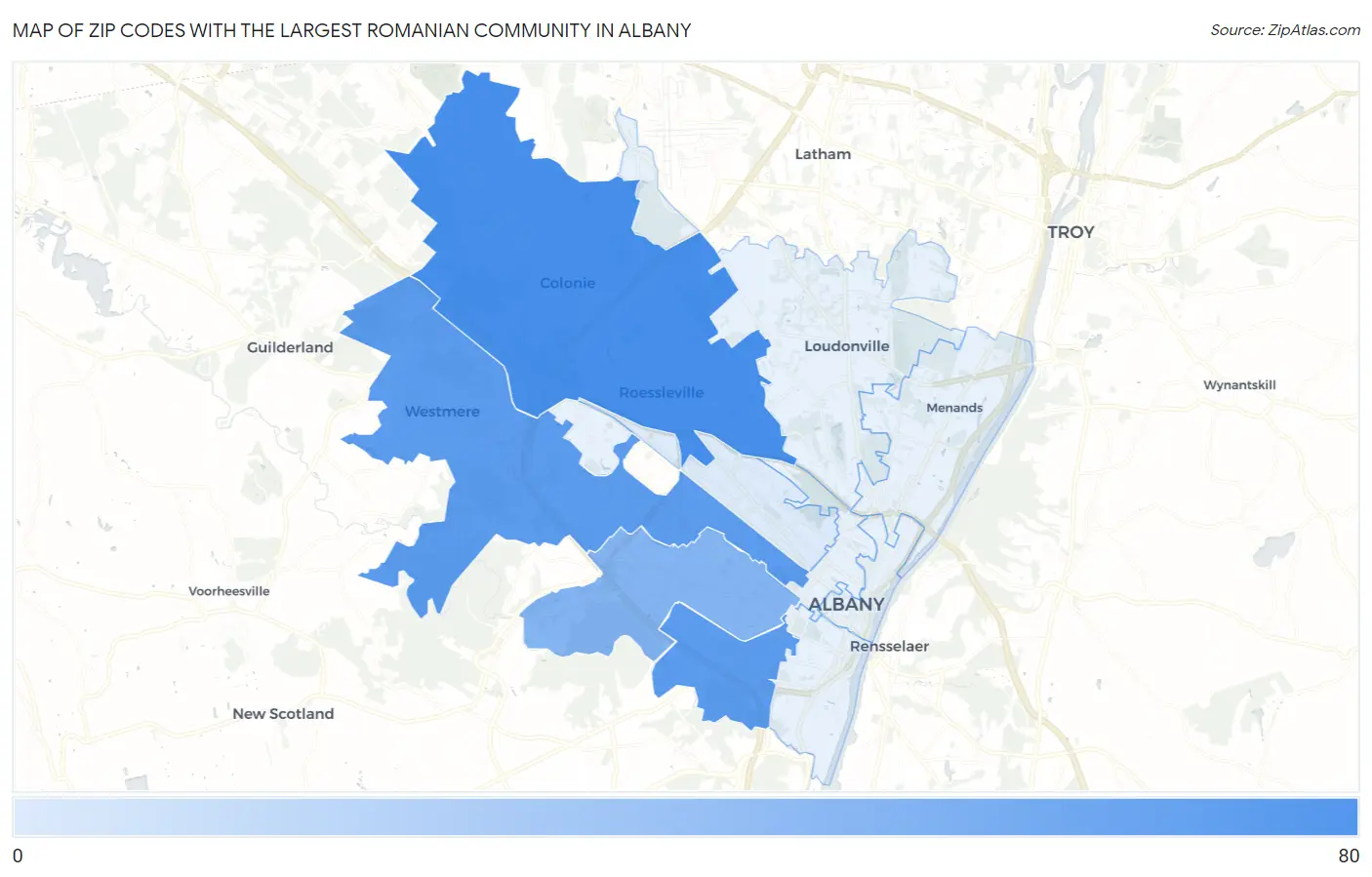 Zip Codes with the Largest Romanian Community in Albany Map