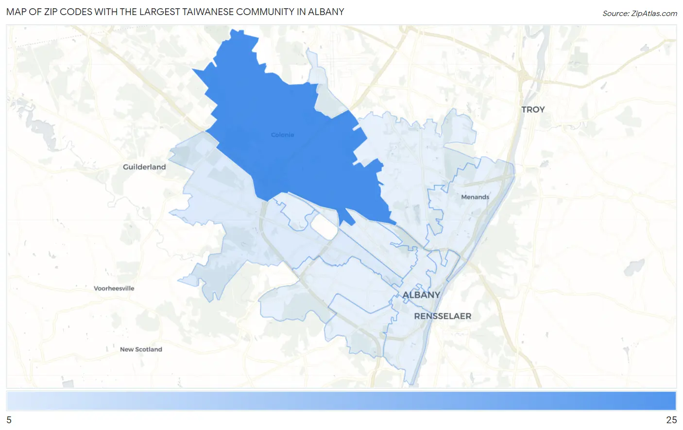 Zip Codes with the Largest Taiwanese Community in Albany Map