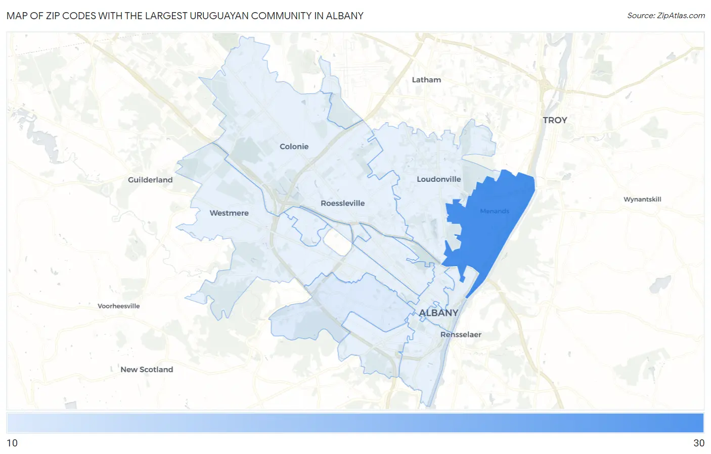 Zip Codes with the Largest Uruguayan Community in Albany Map