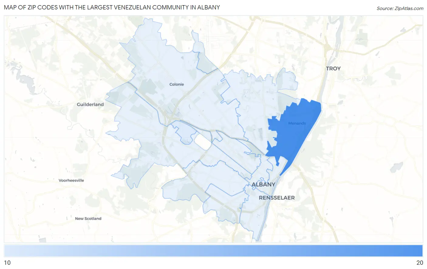 Zip Codes with the Largest Venezuelan Community in Albany Map