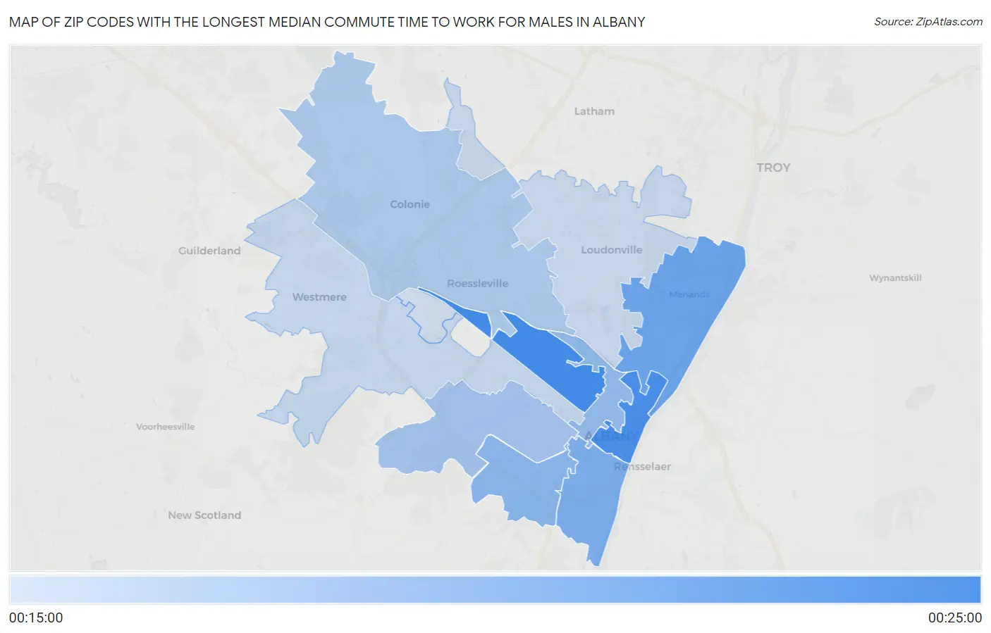 Zip Codes with the Longest Median Commute Time to Work for Males in Albany Map