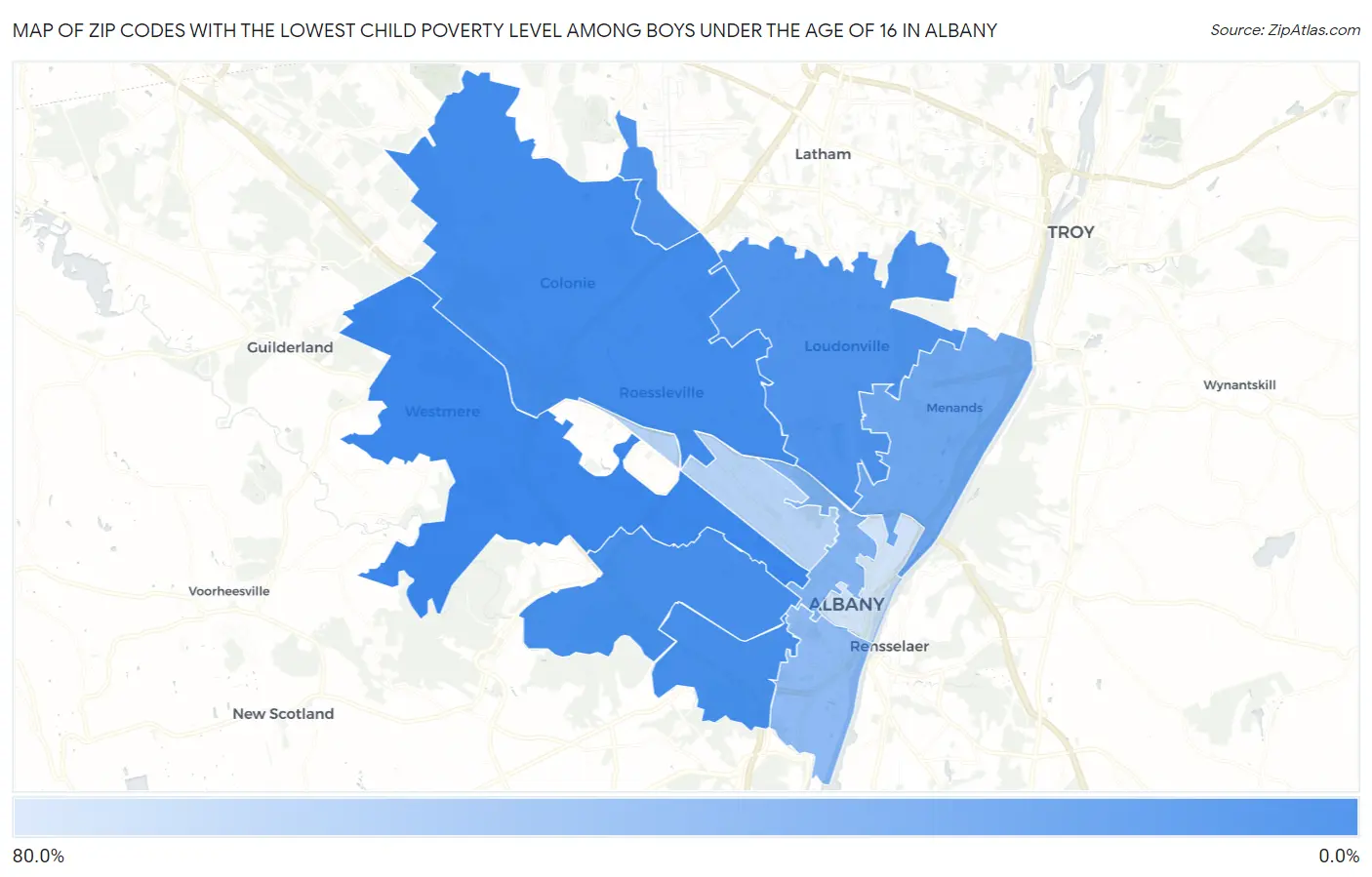 Zip Codes with the Lowest Child Poverty Level Among Boys Under the Age of 16 in Albany Map