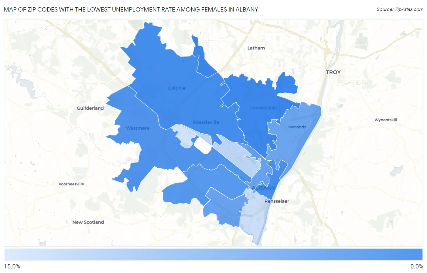 Zip Codes with the Lowest Unemployment Rate Among Females in Albany Map