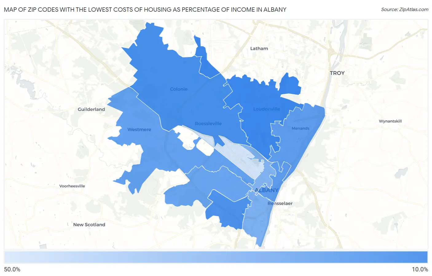 Zip Codes with the Lowest Costs of Housing as Percentage of Income in Albany Map