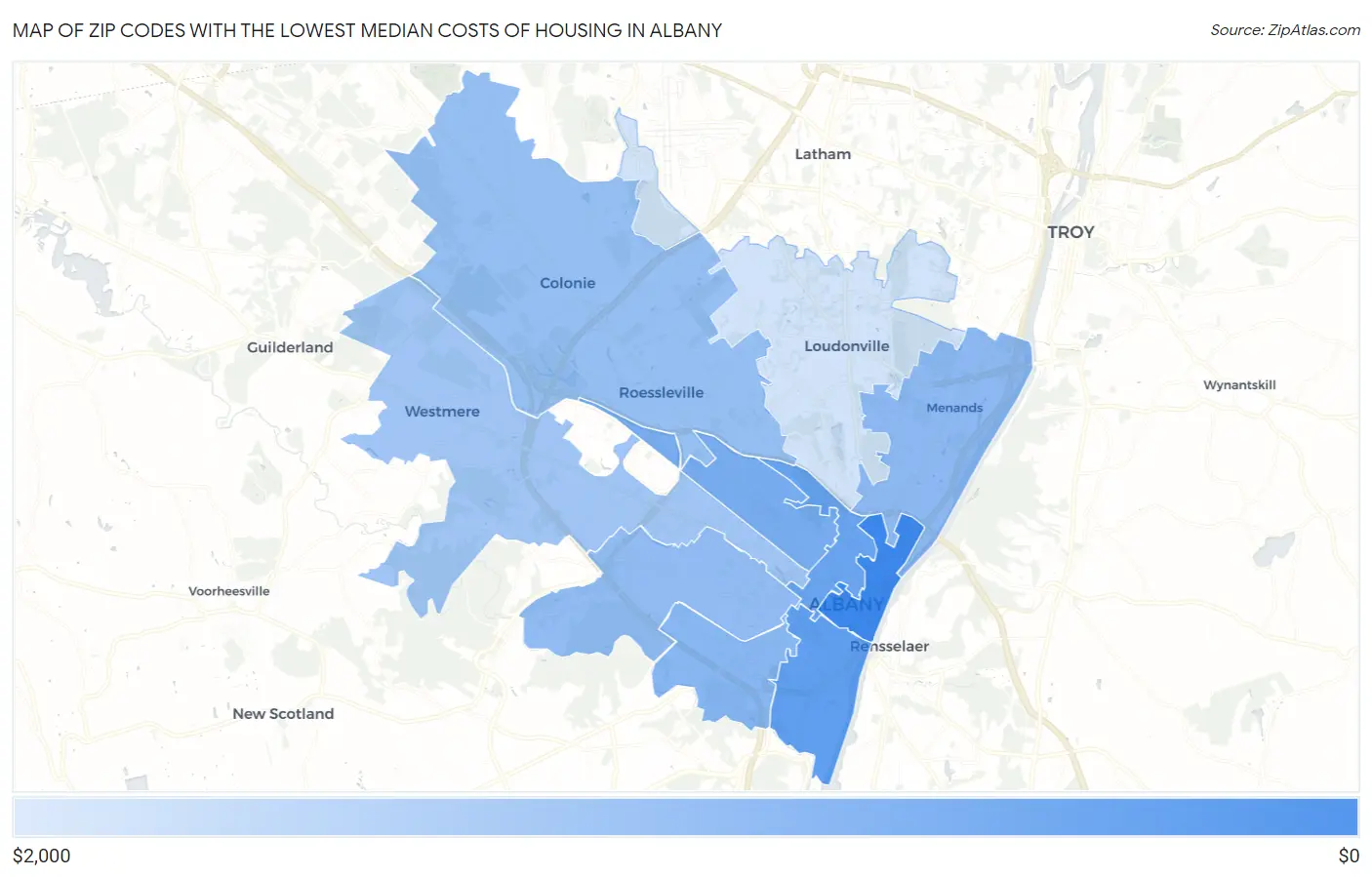 Zip Codes with the Lowest Median Costs of Housing in Albany Map