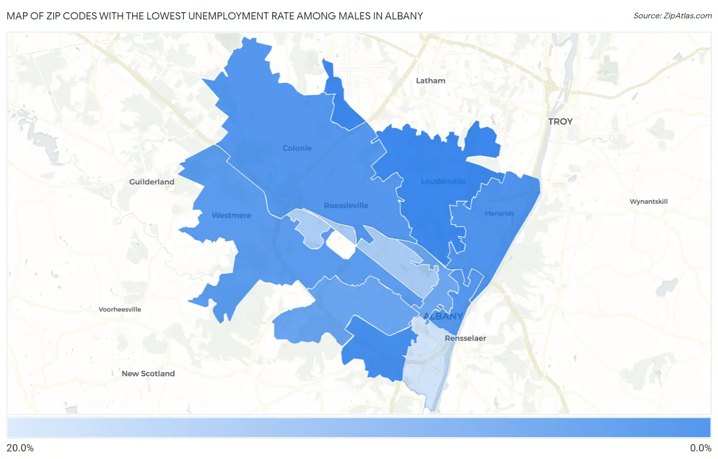Zip Codes with the Lowest Unemployment Rate Among Males in Albany Map