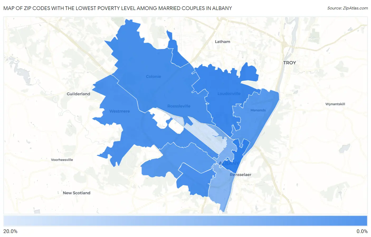 Zip Codes with the Lowest Poverty Level Among Married Couples in Albany Map