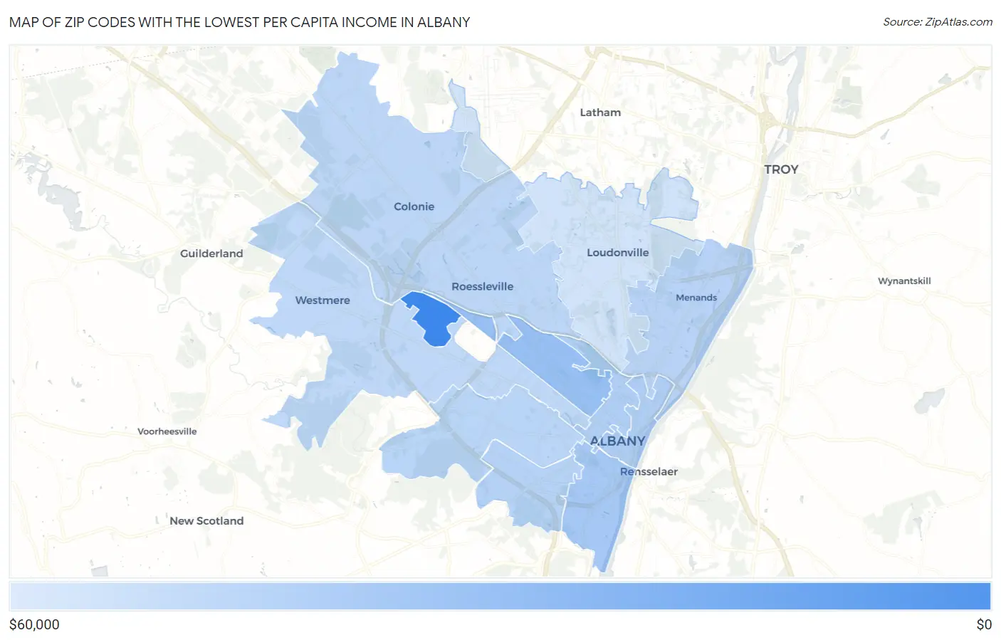 Zip Codes with the Lowest Per Capita Income in Albany Map