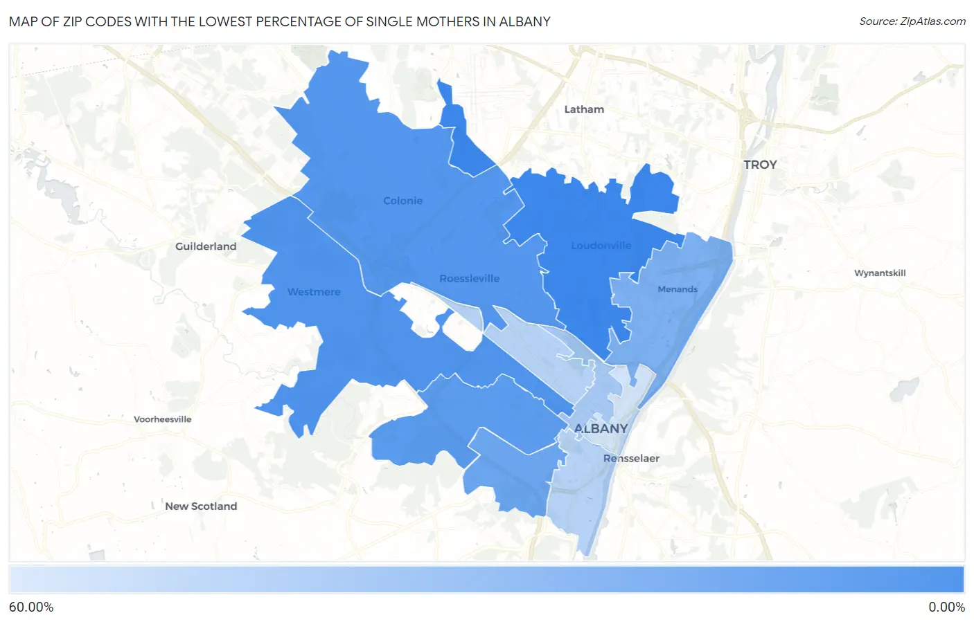 Zip Codes with the Lowest Percentage of Single Mothers in Albany Map