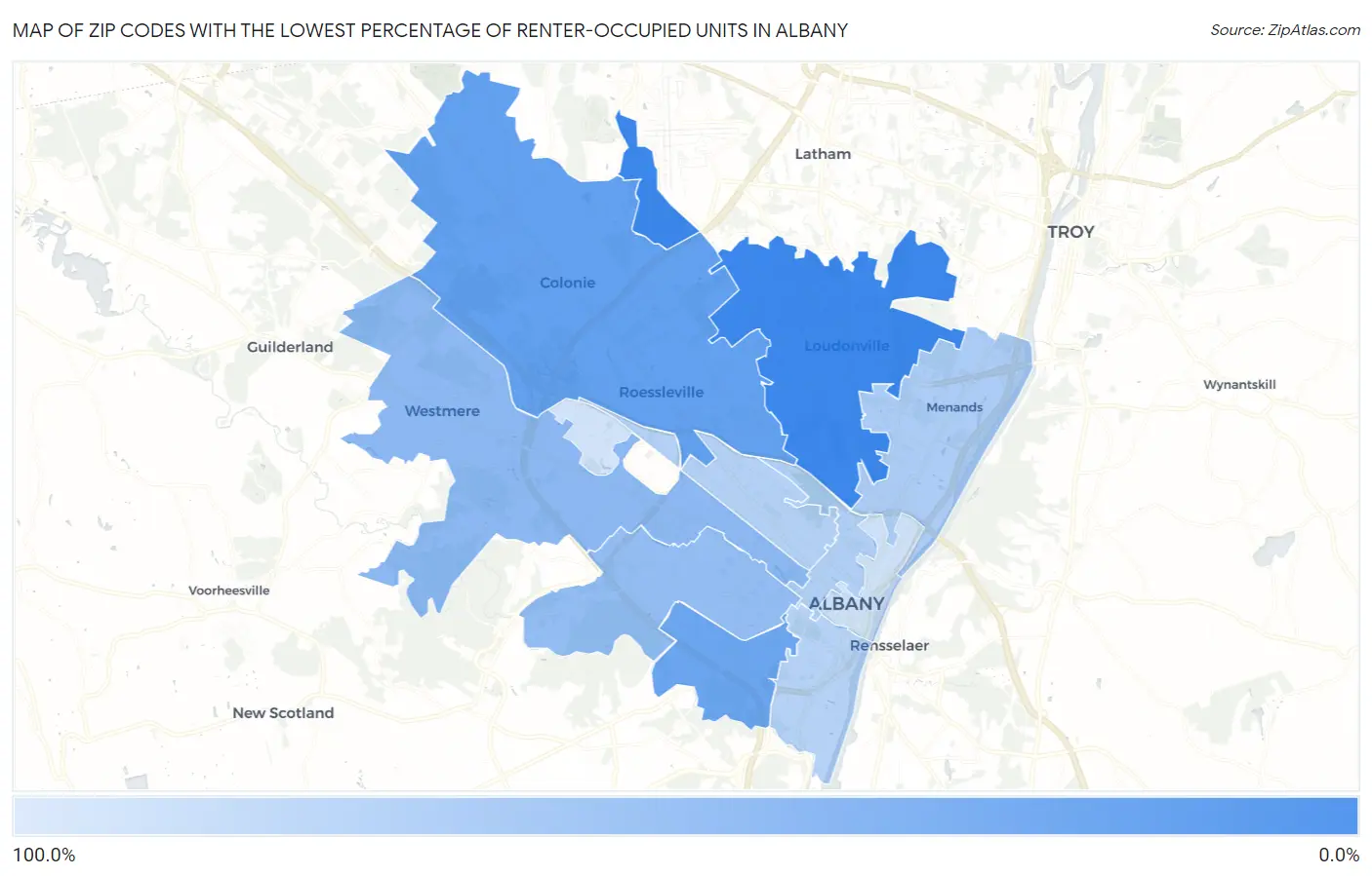 Zip Codes with the Lowest Percentage of Renter-Occupied Units in Albany Map