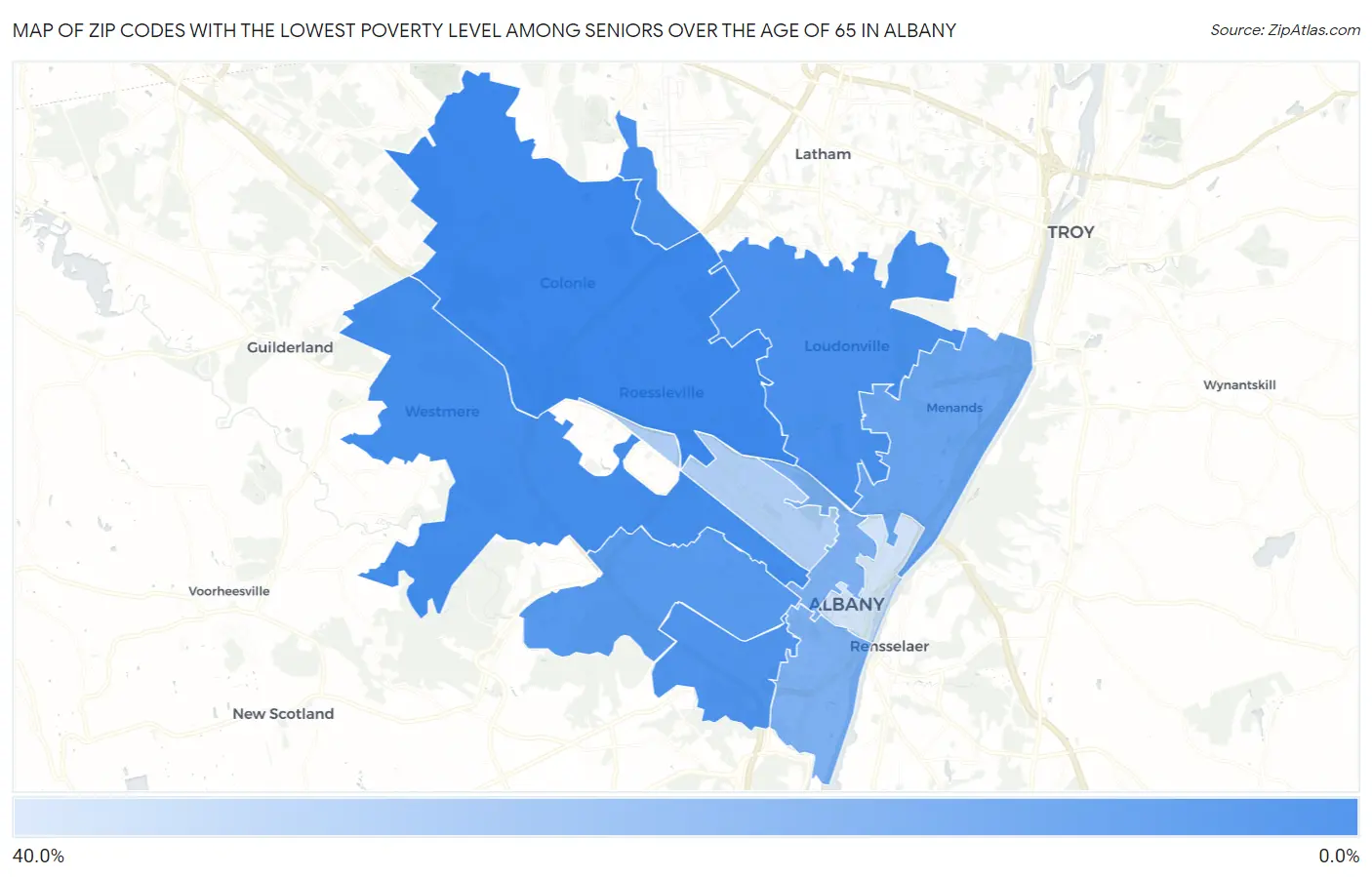 Zip Codes with the Lowest Poverty Level Among Seniors Over the Age of 65 in Albany Map