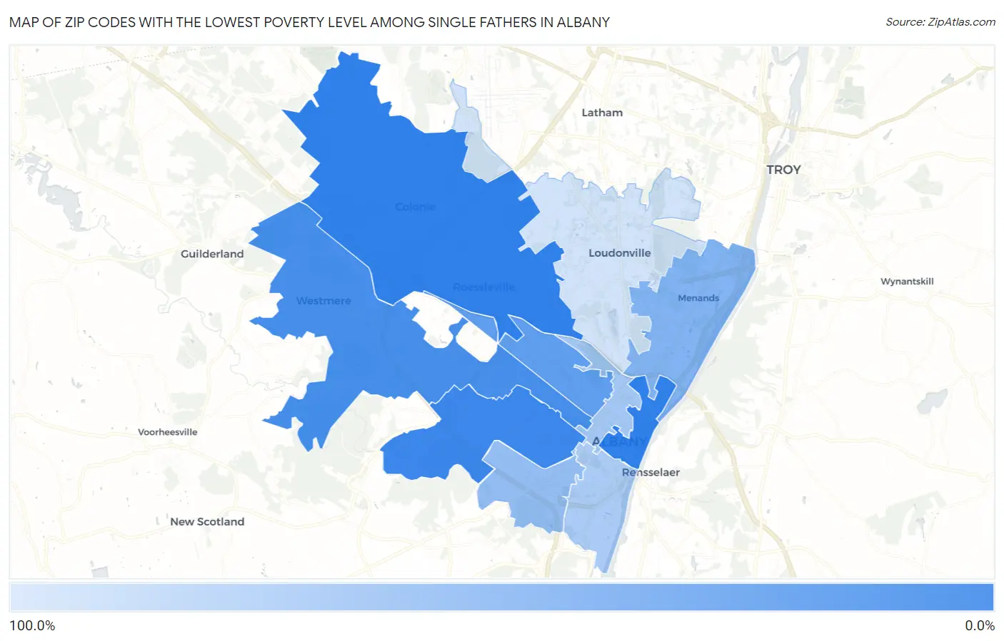 Zip Codes with the Lowest Poverty Level Among Single Fathers in Albany Map