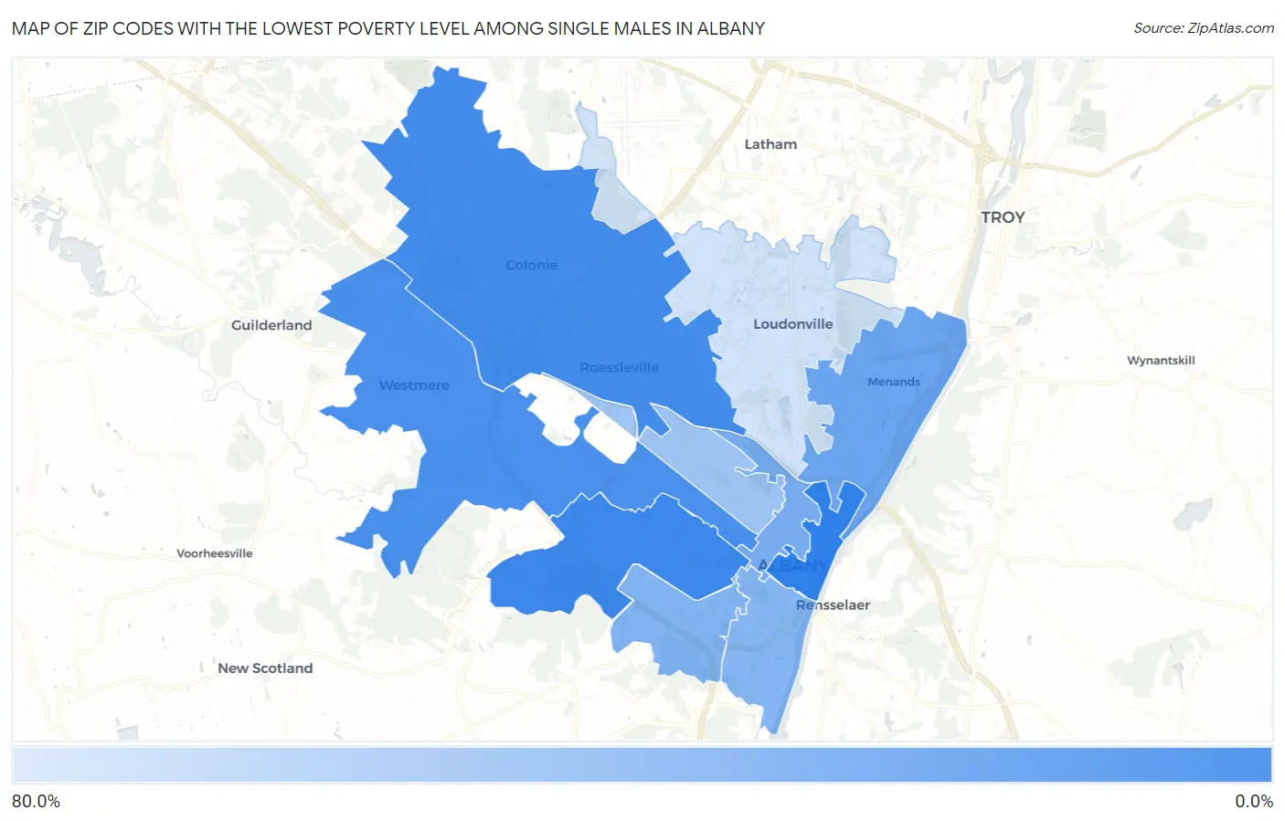 Zip Codes with the Lowest Poverty Level Among Single Males in Albany Map