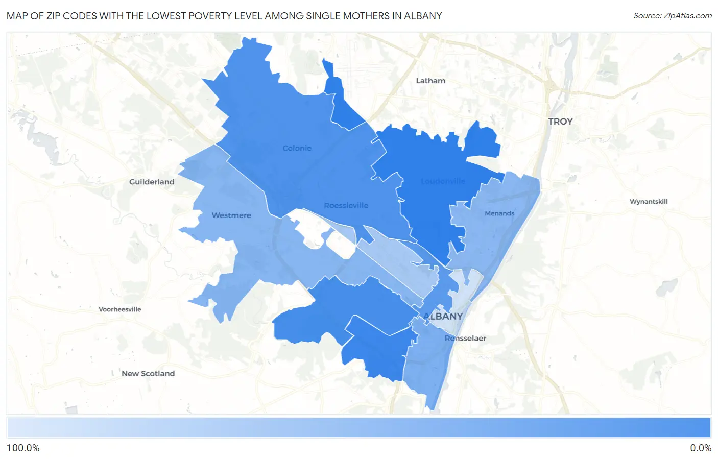 Zip Codes with the Lowest Poverty Level Among Single Mothers in Albany Map