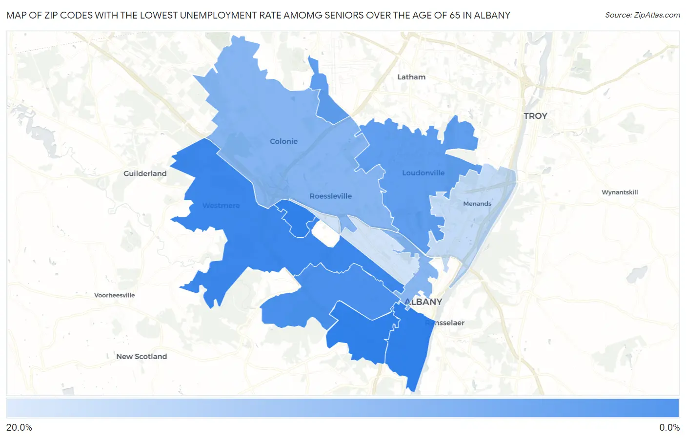 Zip Codes with the Lowest Unemployment Rate Amomg Seniors Over the Age of 65 in Albany Map