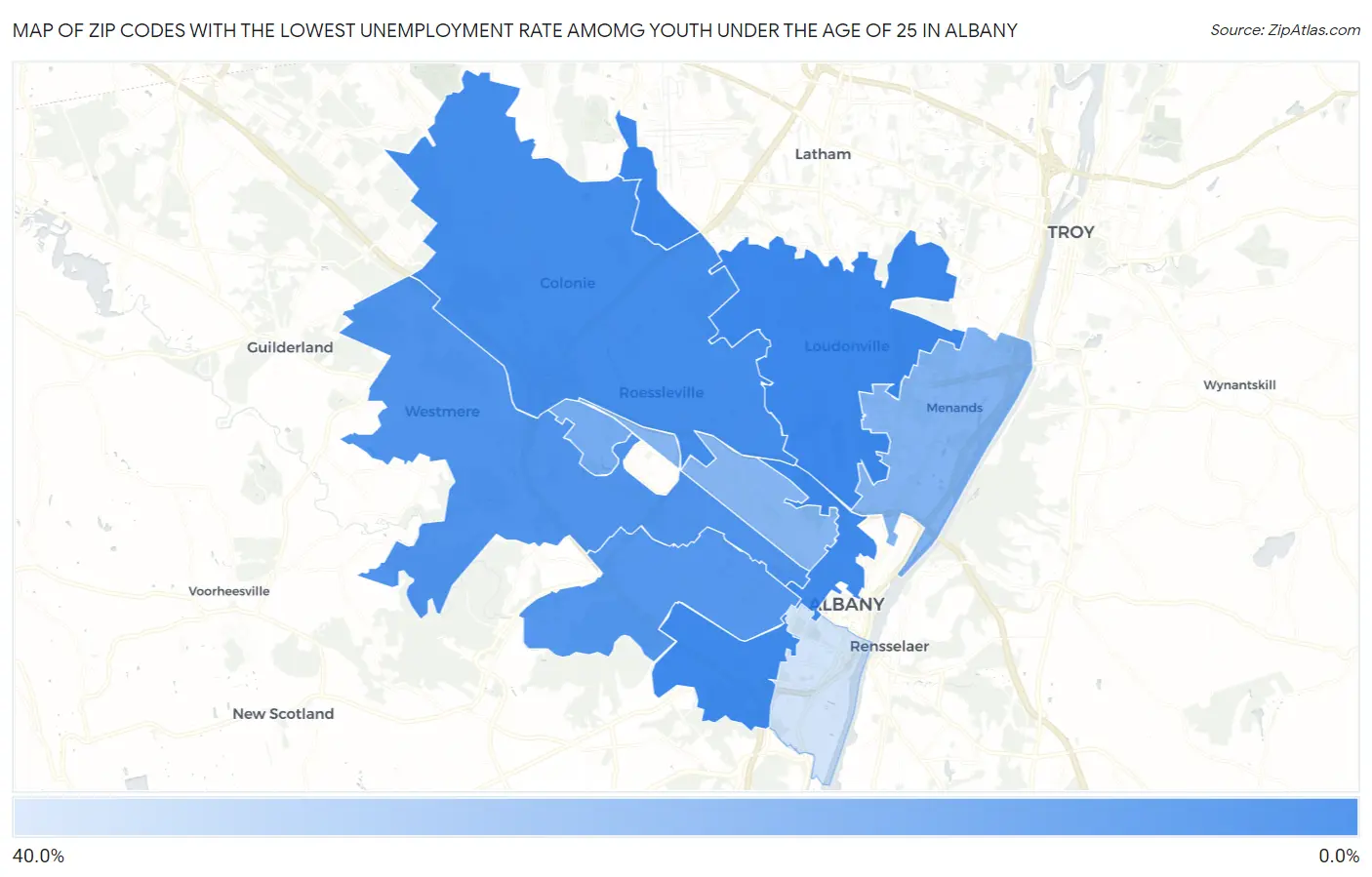 Zip Codes with the Lowest Unemployment Rate Amomg Youth Under the Age of 25 in Albany Map