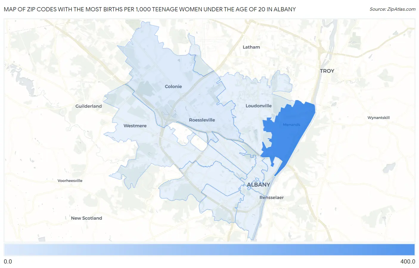 Zip Codes with the Most Births per 1,000 Teenage Women Under the Age of 20 in Albany Map