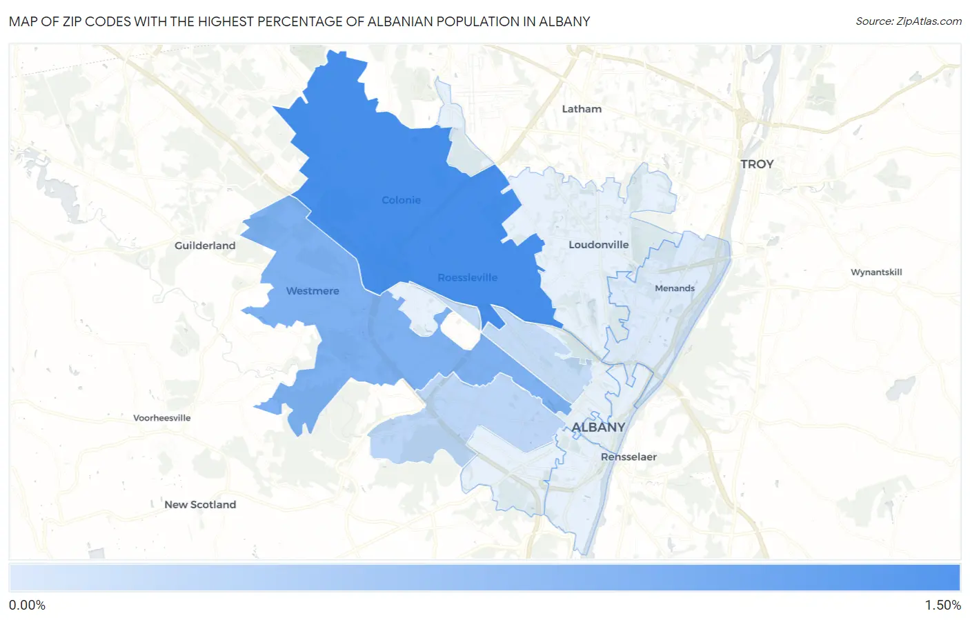 Zip Codes with the Highest Percentage of Albanian Population in Albany Map