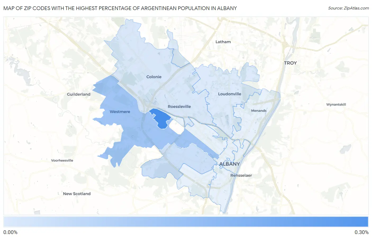 Zip Codes with the Highest Percentage of Argentinean Population in Albany Map