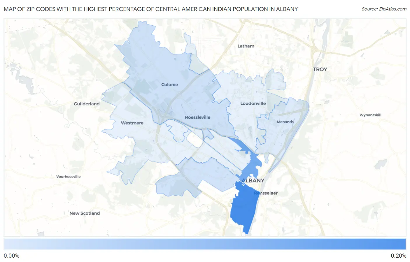 Zip Codes with the Highest Percentage of Central American Indian Population in Albany Map
