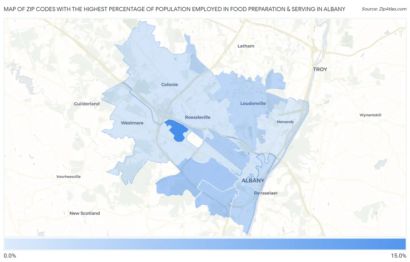 Zip Codes with the Highest Percentage of Population Employed in Food Preparation & Serving in Albany Map