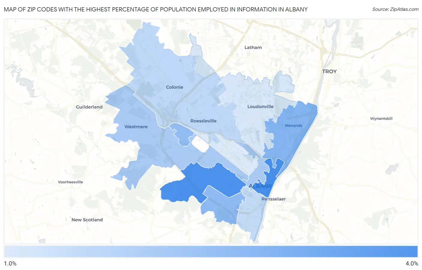 Zip Codes with the Highest Percentage of Population Employed in Information in Albany Map