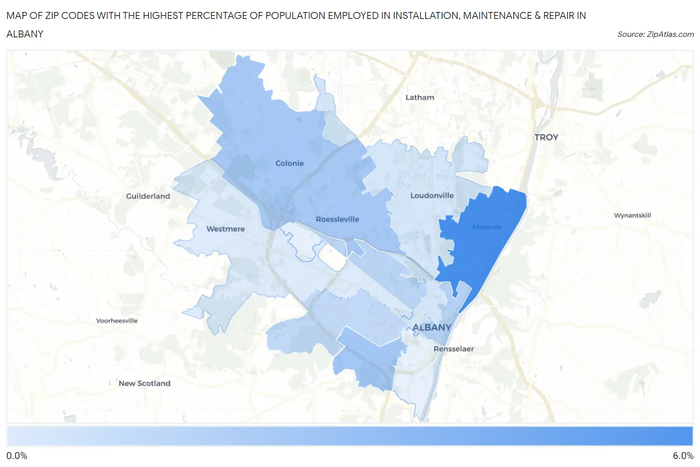 Zip Codes with the Highest Percentage of Population Employed in Installation, Maintenance & Repair in Albany Map