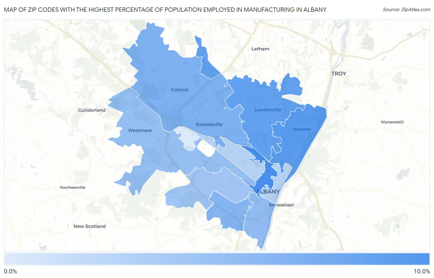 Zip Codes with the Highest Percentage of Population Employed in Manufacturing in Albany Map