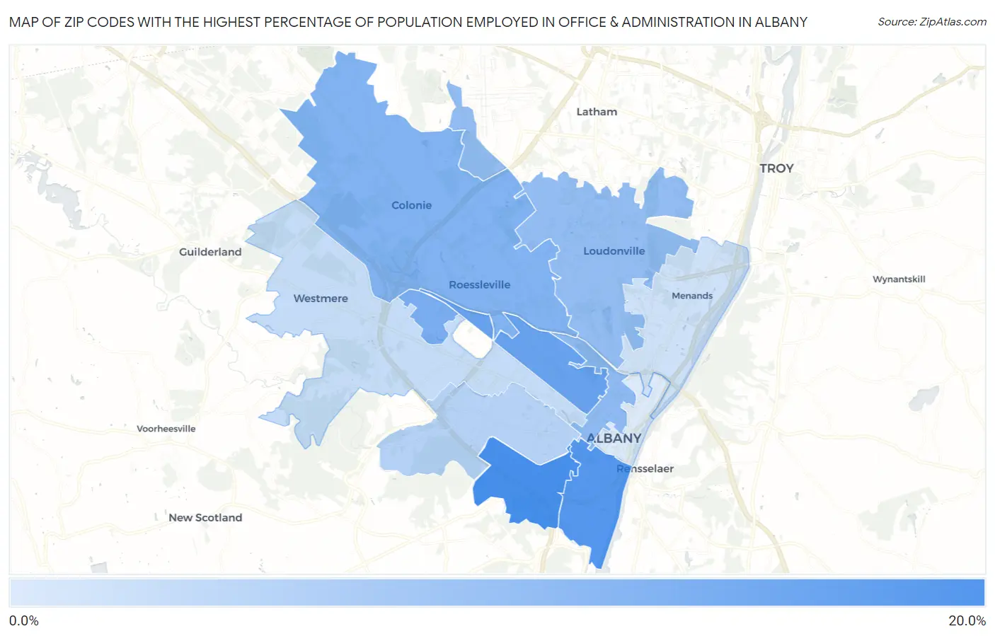 Zip Codes with the Highest Percentage of Population Employed in Office & Administration in Albany Map