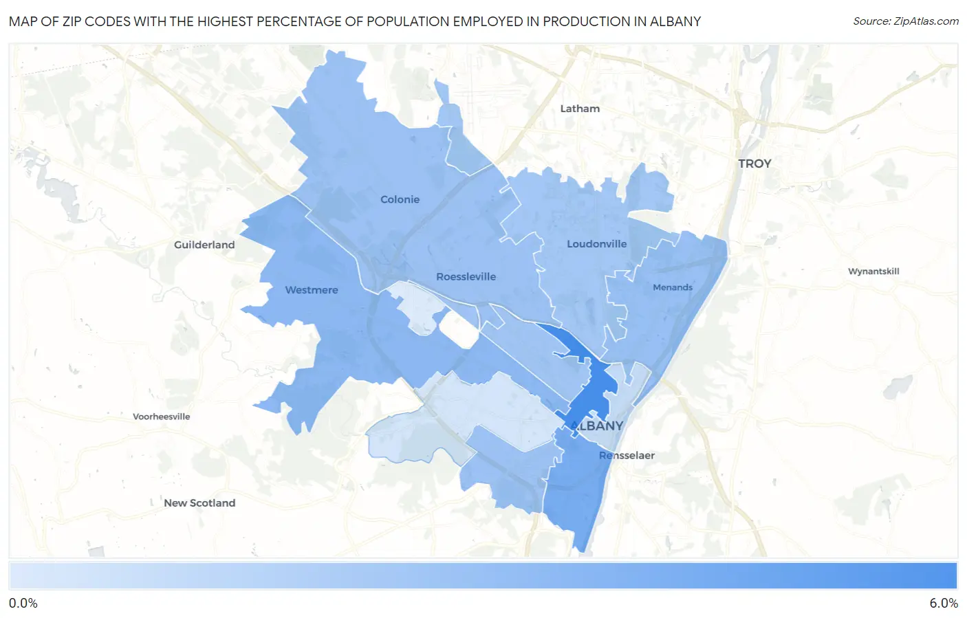 Zip Codes with the Highest Percentage of Population Employed in Production in Albany Map