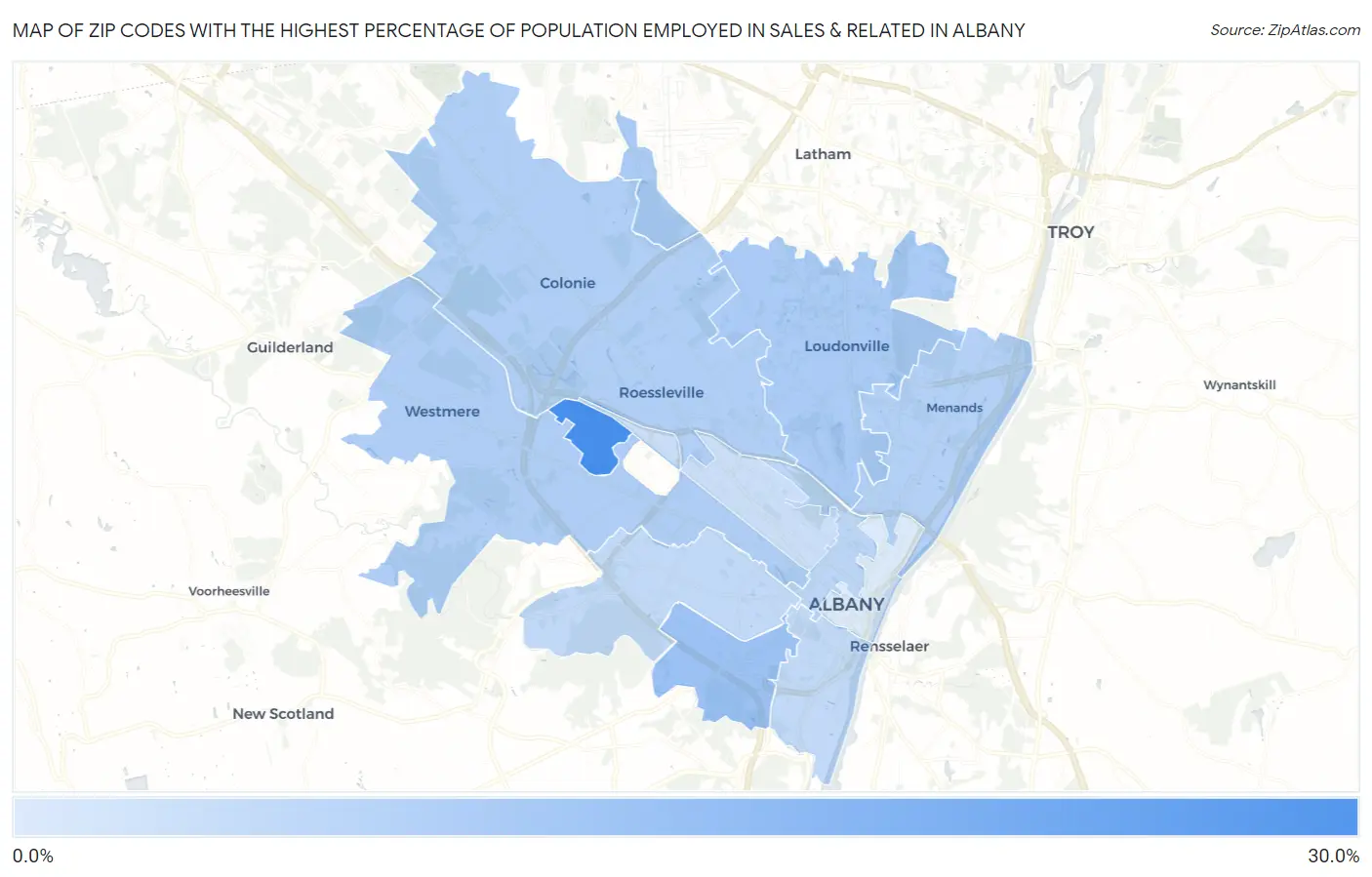 Zip Codes with the Highest Percentage of Population Employed in Sales & Related in Albany Map