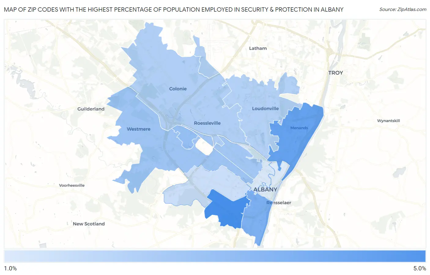 Zip Codes with the Highest Percentage of Population Employed in Security & Protection in Albany Map