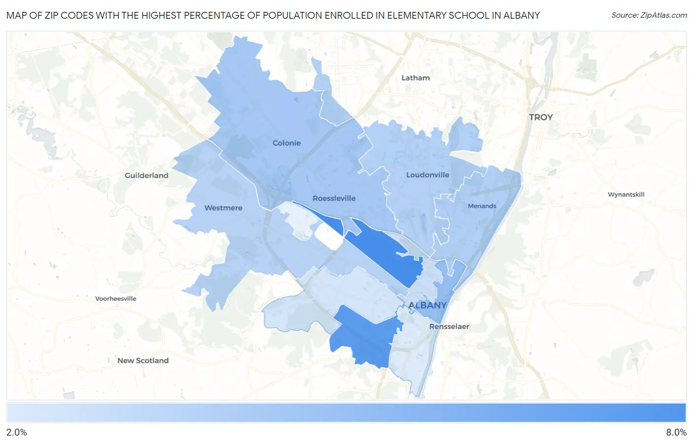 Zip Codes with the Highest Percentage of Population Enrolled in Elementary School in Albany Map