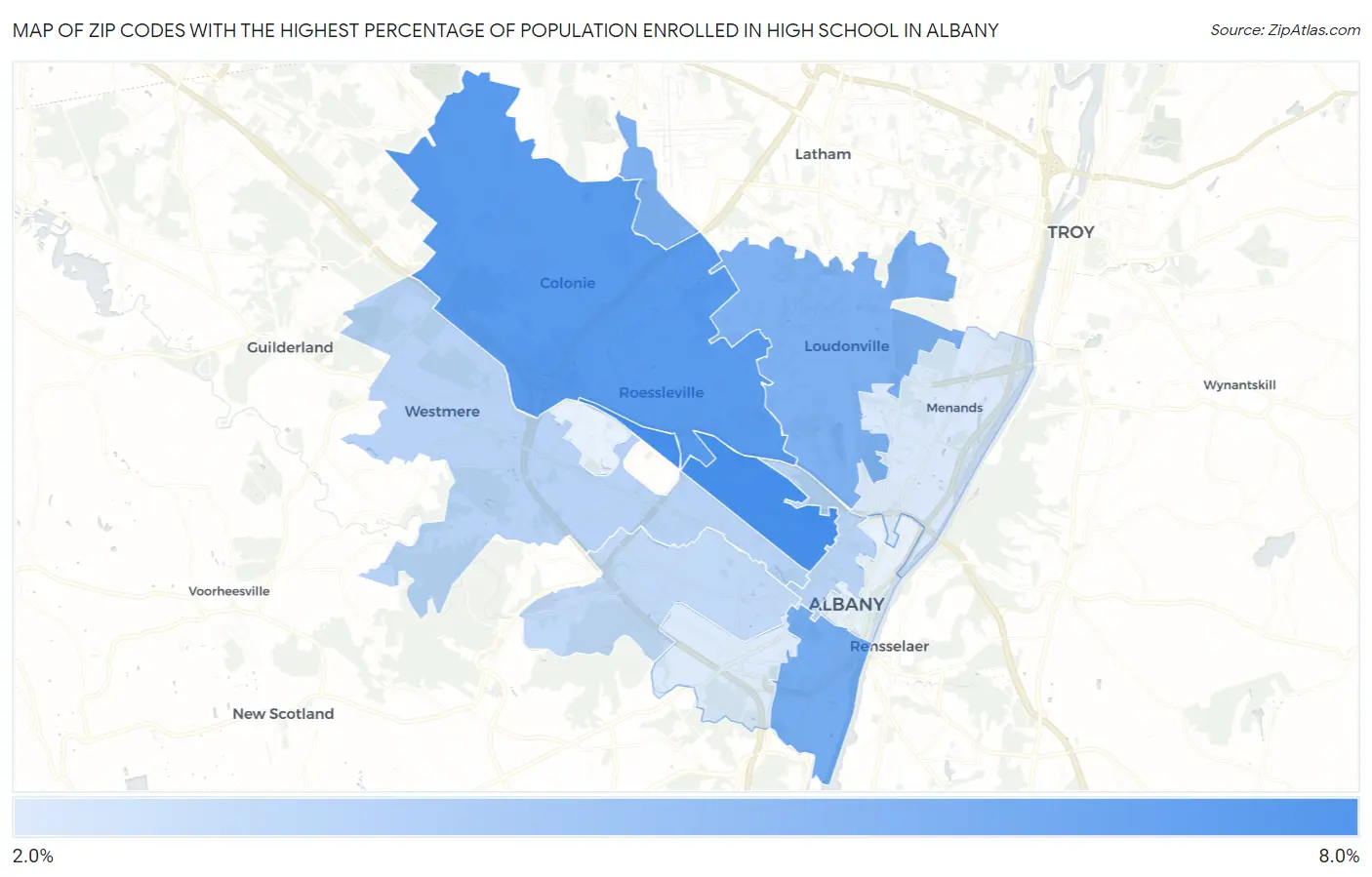 Zip Codes with the Highest Percentage of Population Enrolled in High School in Albany Map