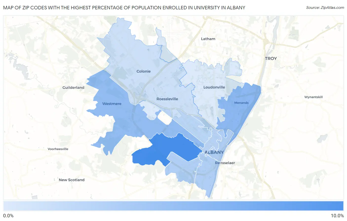 Zip Codes with the Highest Percentage of Population Enrolled in University in Albany Map