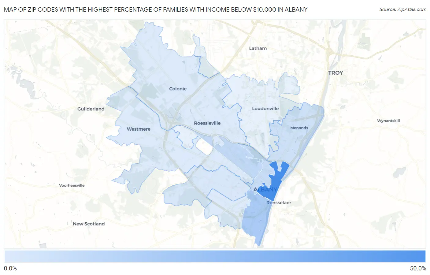 Zip Codes with the Highest Percentage of Families with Income Below $10,000 in Albany Map