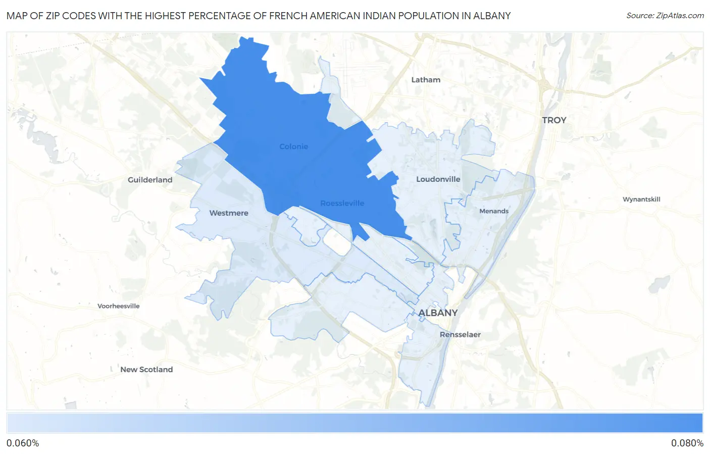 Zip Codes with the Highest Percentage of French American Indian Population in Albany Map