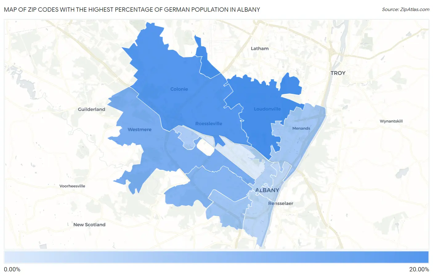 Zip Codes with the Highest Percentage of German Population in Albany Map