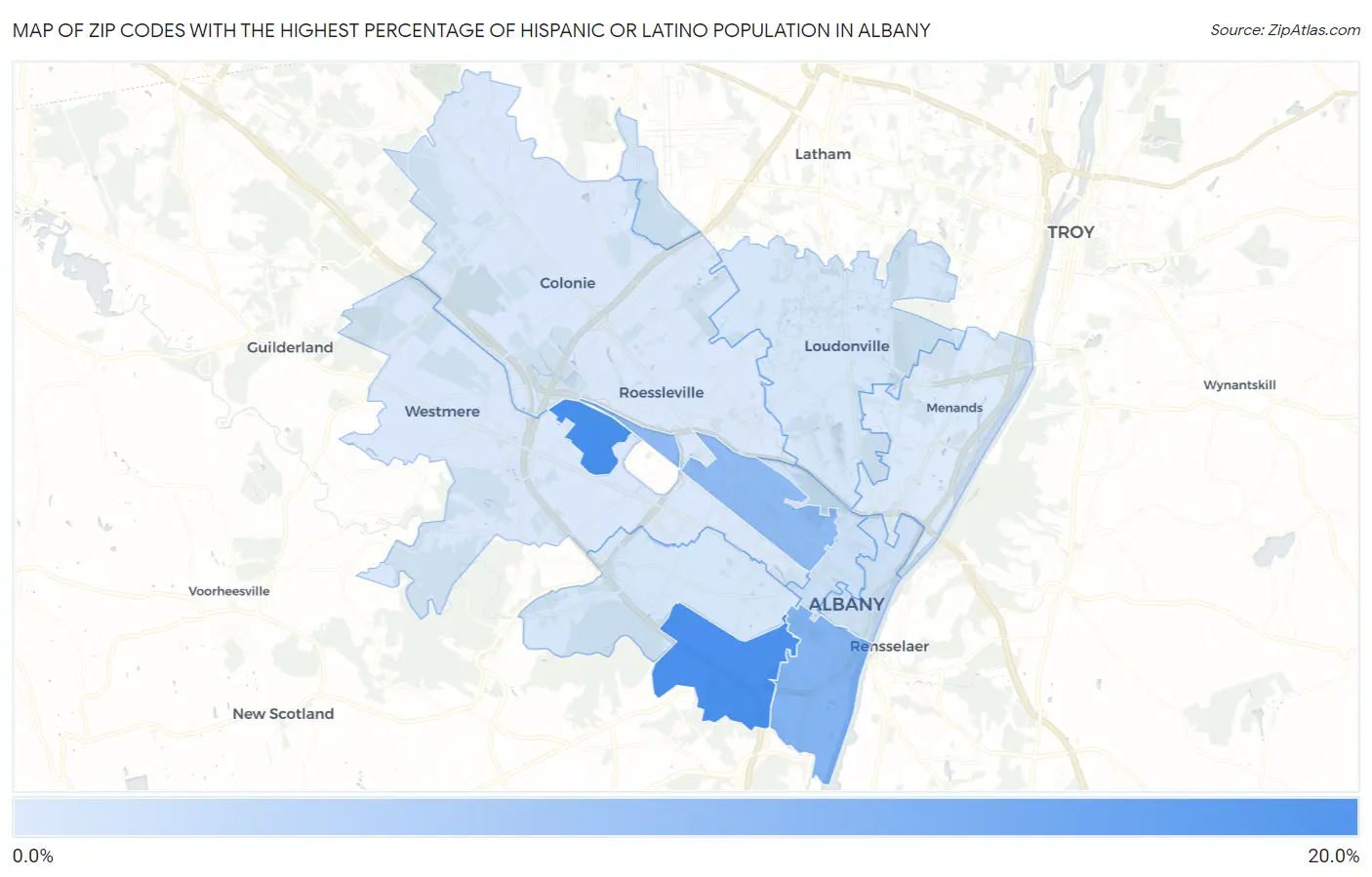 Zip Codes with the Highest Percentage of Hispanic or Latino Population in Albany Map