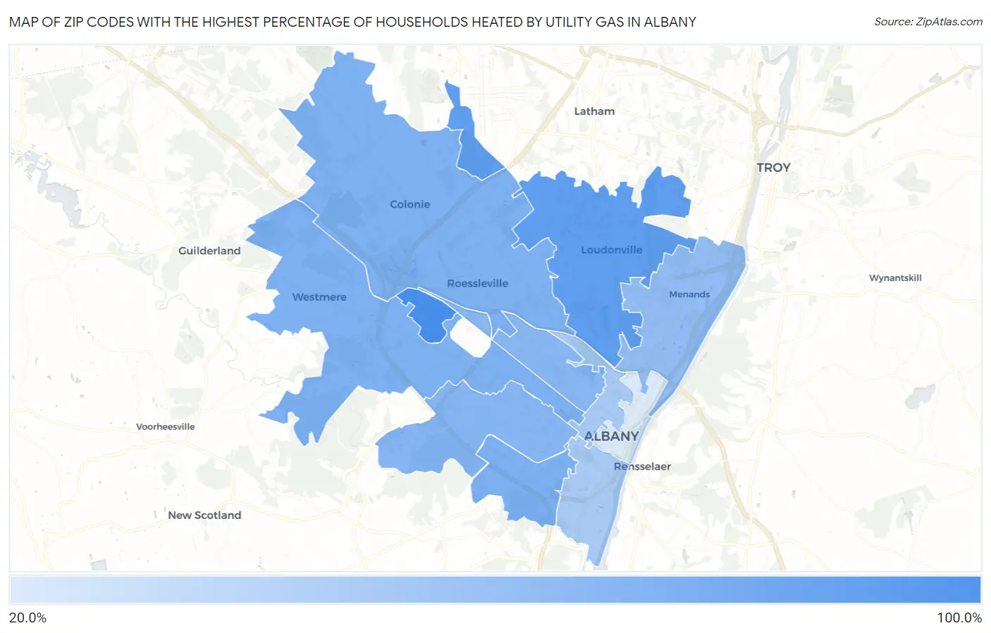 Zip Codes with the Highest Percentage of Households Heated by Utility Gas in Albany Map