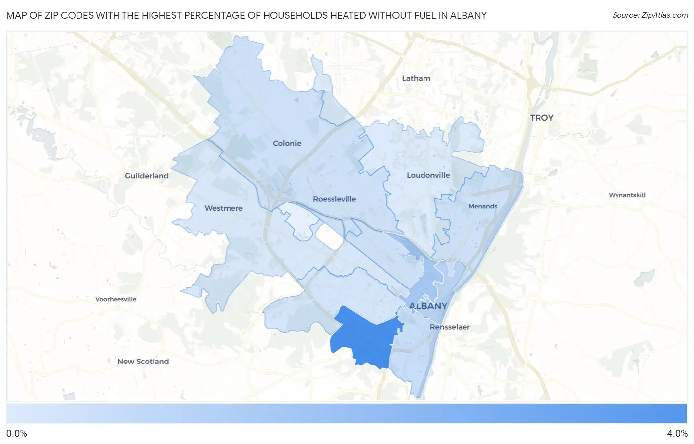 Zip Codes with the Highest Percentage of Households Heated without Fuel in Albany Map