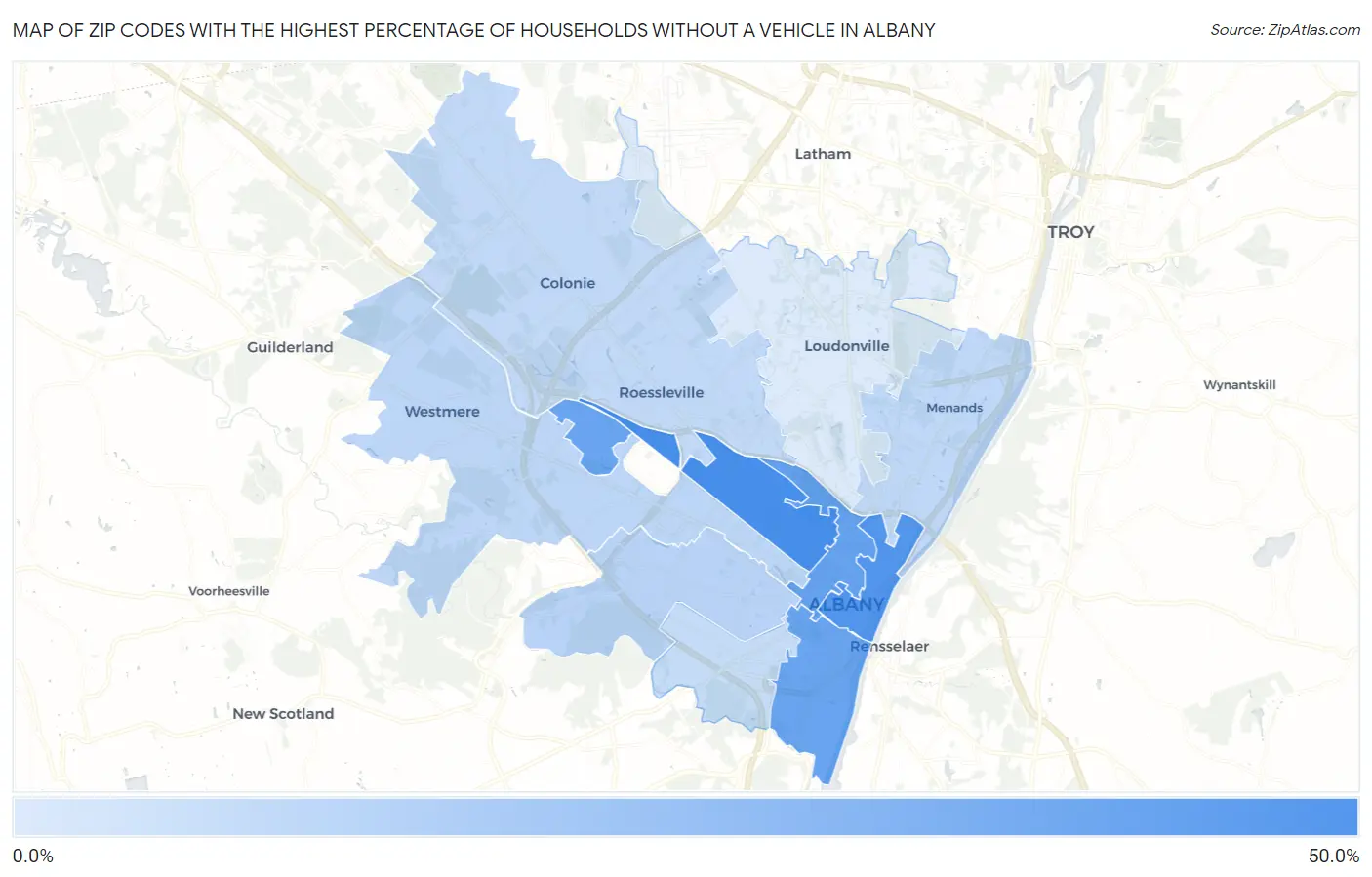 Zip Codes with the Highest Percentage of Households Without a Vehicle in Albany Map