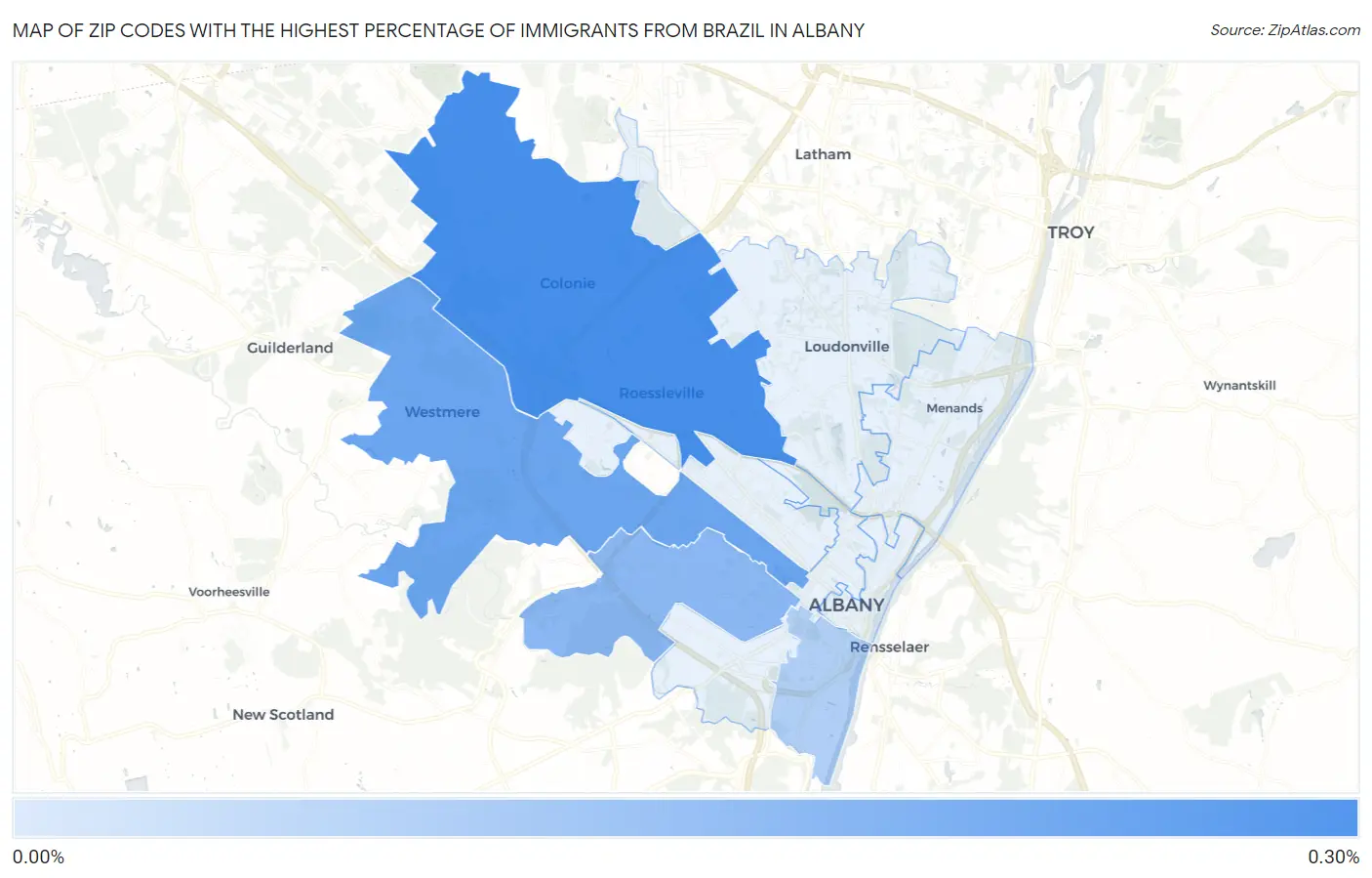 Zip Codes with the Highest Percentage of Immigrants from Brazil in Albany Map