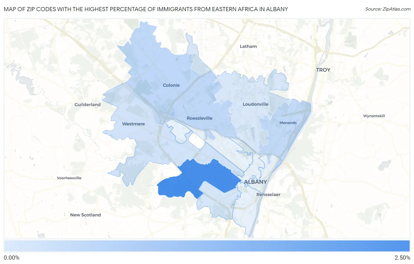 Zip Codes with the Highest Percentage of Immigrants from Eastern Africa in Albany Map